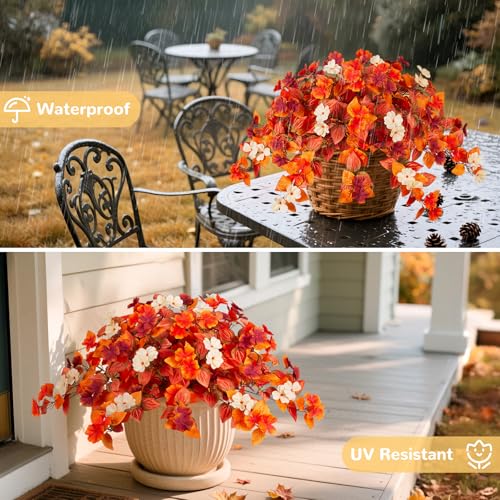 INXUGAO Fake Fall Flowers Artificial for Decoration 2PCS Faux Silk Fall Flowers Plants for Outdoors Outside Planters UV Resistant Looks Real for Front Door Porch Patio Garden Decor - color: Y2-orange Red White