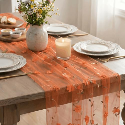 Artoid Mode 3D Flower Orange Gauze Embroidery Table Runner 120 Inch 10FT, Tulle Seasonal Spring Kitchen Dining Holiday Table Decor for Home Party - color: Orange