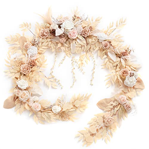 Ling's Moment 9FT Flower Garland for Backdrop Decorations - Wedding Arch Flowers, Eucalyptus & Rose, Artificial Floral Garland for Mantel - Sweetheart Table Decor for Ceremony Reception, White & Beige - color: Wht-white & Beige