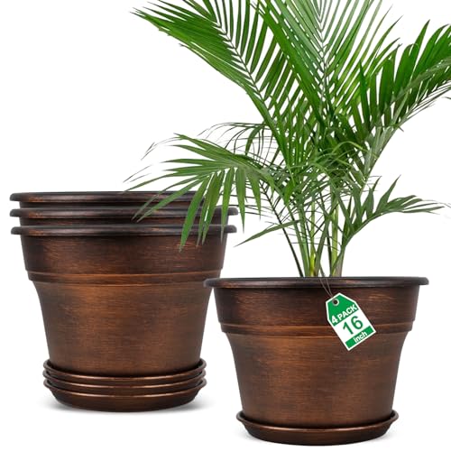 Plant Planters Pots Set of 4 Pack 16 Inch，Large Plastic Flower Pot For Indoor Plants With Drainage Holes & Trays, Resin Decorative Container Sets With Saucer For House Outdoor Garden Plant Copper - color: Copper, size: 16 inch-4 pack
