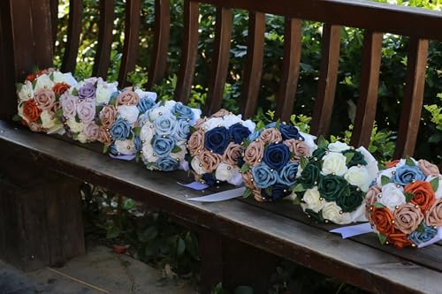 Handmade Wedding Bouquet Artificial PE Rose Bridal Bridesmaid Bouquet with Soft Ribbons Wedding Hand Holding Bouquet Artificial Fake Flowers Toss Bouquet(B-Light Blue & Blue & White, 9.1"/23cm) - color: B-light Blue & Blue & White, size: 9.1"/23cm