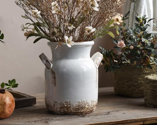 Quoowiit Ceramic Rustic Farmhouse Vase, Distressed Decorative Flower Vase for Home Decor, Ideal Shelf Decor, White Boho Vase for Living Room Bedroom Kitchen Office Decor Centerpiece Table Decorations - color: 8 Inch