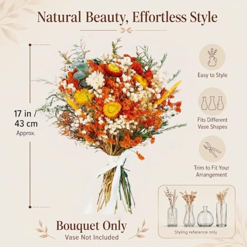 17" Dried Flower Bouquets, 100% Natural Dried Flowers with Dried Daisy,Dried Baby Breath,Chrysanthemum Flowers Decor for Vase Rustic Boho Home Decor,Party Fall Decor - color: Orange Daisy