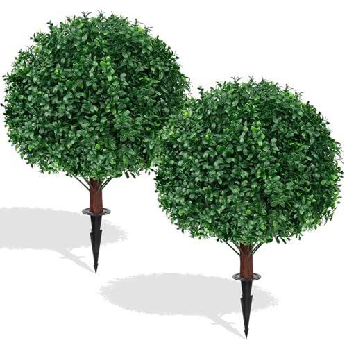 2Pack Artificial Boxwood Topiary Ball Trees, 16'' UV Resistant Fake Evergreen Shrubs Bushes Plants with Ground Spike, Fake Plants for Outdoor Indoor Front Porch Garden - color: Boxwood