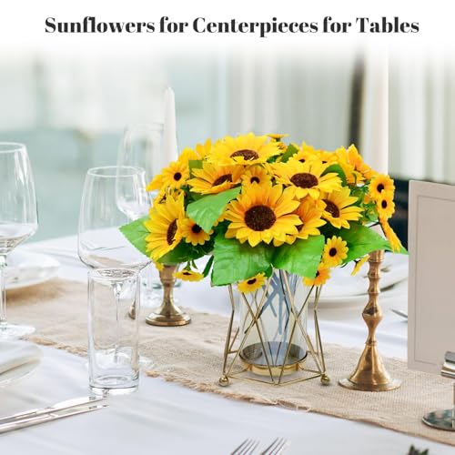 6 Pack Artificial Sunflowers Bouquet, Outdoor Artificial Flower with Stems, 60 Silk Sunflowers Heads, Fake Artificial Flowers for Outdoor Indoor Decoration, Wedding Table Home Porch Cemetery Decor