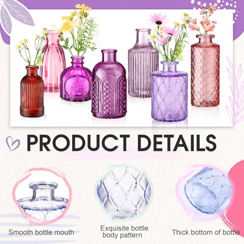 Yaomiao 30 Pcs Vases Bulk Colored Flower Glass Vases Bud Vintage Colored Glass Bottles Colorful Rustic Embossed for Home Wedding Table Decorations Gifts (Pink Purple Red Series) - color: Pink Purple Red Series