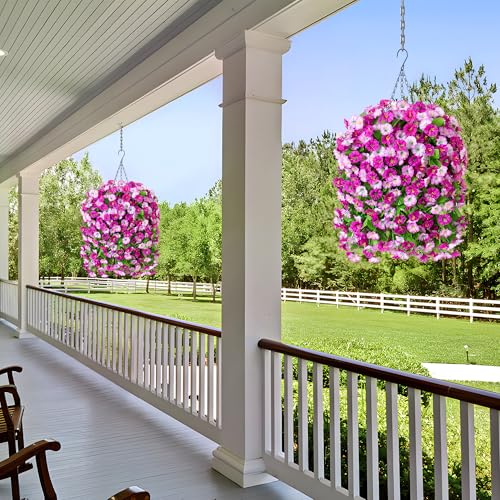 Ammyoo Artificial Fake Hanging Flowers Basket for Spring Decor, Faux Silk Flower in Planter for Summer, Outdoor Artificial Floral for Home Porch Yard(Double Lotus) - color: Double Lotus