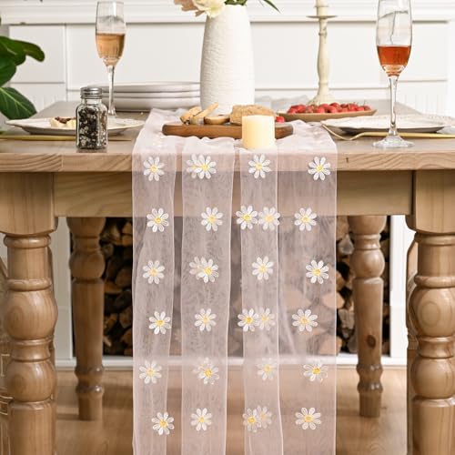 Artoid Mode Light Pink Daisy Gauze Embroidery Table Runner 120 Inch 10FT, Tulle Seasonal Spring Kitchen Dining Holiday Table Decor for Home Party - color: Light Pink
