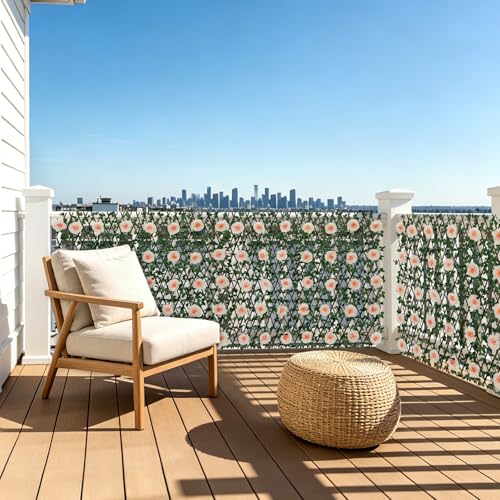 Expandable Fence Privacy Screen with Artificial Flower, Greenery Expandable Stretchable Covers Panel Privacy Fence for Balcony Patio Garden, Single Sided Leaves (Pink Rose, 4 Pack) - color: Pink Rose, size: 4 Pack