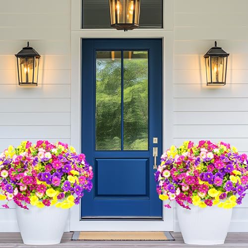 Artificial Flowers for Outdoors, 26 Bundles Fake Outdoor Flowers, UV Resistant Artificial Outdoor Plants & Flowers for Decoration, Colorful Morning Glory for Garden Porch Yard Patio, Mixed Color B - color: Purple, Fuchsia, Pink & Yellow, size: 26 Bundles