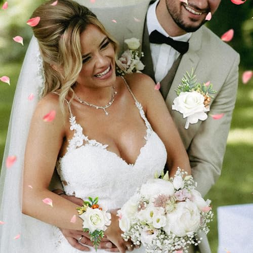 2 Pcs White Wrist Corsage and Boutonniere Set, Rose Corsage Hand for Women, Boutonniere for Men Wedding Flowers Accessories Prom Decor Party Suit Decoration (White) - color: White