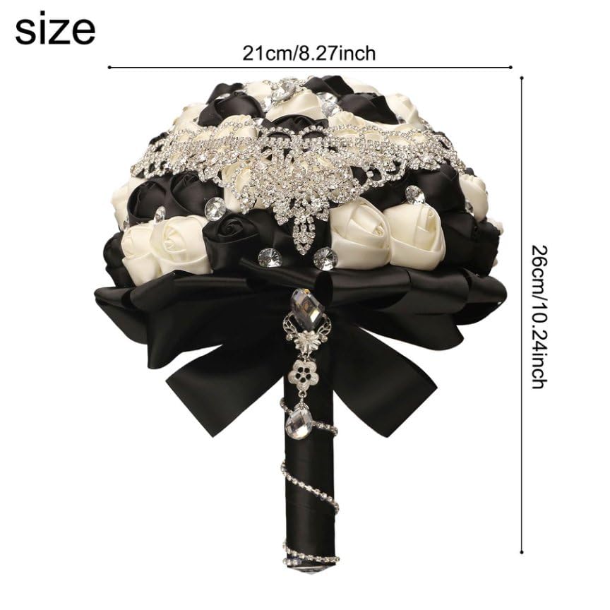Handmade Luxury Wedding Bridal Bouquet Large Silk Rose Holding Toss Artificial Flowers Bouquets with Satin Ribbon Pearls Rhinestone for Bride Vintage Royal Wedding Bouquet (Black+Ivory) - color: Black+ivory