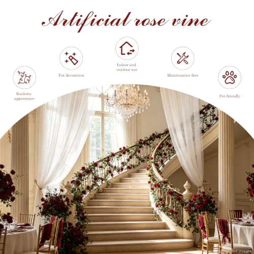 Dallisten 2 Strands 73'' Artificial Silk Rose Flower Vines Garland, Fake Roses Floral Green Leaves Hanging Plant for Wedding Arrangement Decoration, Wall, Party, Bedroom, Home Decor (Burgundy) - color: Burgundy
