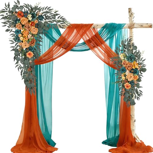 Wedding Arch Flowers with Drapes Kit (Pack of 4) - 2pcs Artificial Teal Orange Fall Deluxe Swag with 2pcs Sheer Drapes for Wedding Ceremony Arbor Reception Backdrop Rose Floral Decoration - color: Teal & Burnt Orange