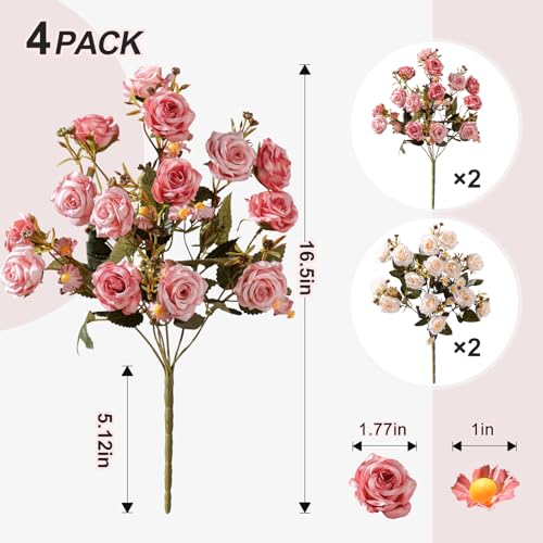 Artificial Rose Flowers for Outdoor 4 Bundles Rose Bouquet with Daisy Faux Flowers UV Resistant for Home Indoor Outside Garden Porch Window Box Balcony Yard Porch Decor (White+Pink) - color: White+pink