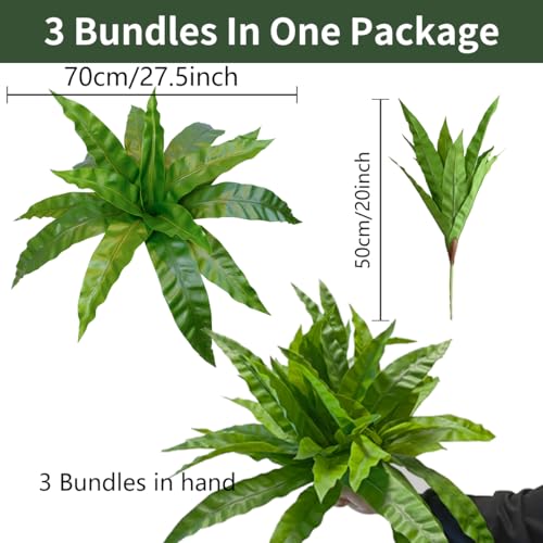 3pcs Artificial Bird's Nest Fern, 27.5" Wide Large Faux Fern Plants (45 Leaves Total), UV Resistant Fake Greenery for Window Box, Planter, Outdoor Porch, Patio & Indoor Home Office Decor
