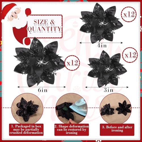 36 Pcs Christmas Glitter Artificial Poinsettia Flowers Xmas Poinsettia Artificial Wedding Flowers Decorations Xmas Tree Ornaments with Clips for Party, 6 Inch, 4 Inch, 3 Inch(Black) - color: Black