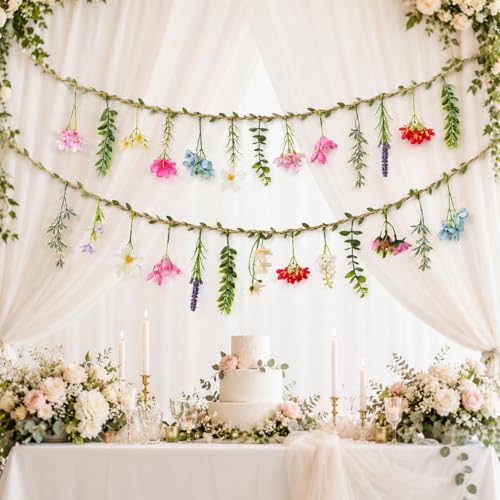 2 PCS 6.5ft Artificial Flower Banner Wildflower Garland Hanging Flowers for Garden Birthday Wedding Tea Party Bridal Shower Home Spring Supplies(Hemp Rope) - color: Hemp