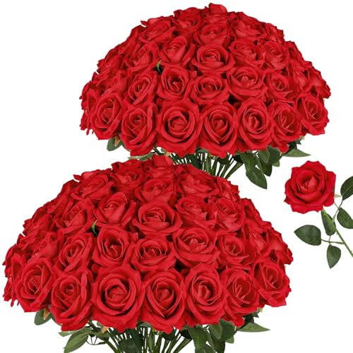 AmyHomie 48PCS Red Roses Artificial Flowers, Realistic Fake Velvet Rose Bulk with Bendable Stems for DIY Wedding Bouquets, Centerpieces, Home, Party, Valentine’s & Mother’s Day Decor - color: Red