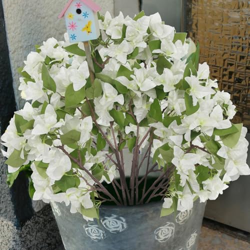 CITYES 2 Pcs Artificial Flowers Bougainvillea Outdoor White Faux Bougainvillea Flowers with Stems Artificial Bougainvilleas Silk Flowers Branches for Garden Wedding Centerpieces Table Runner Decor - color: White