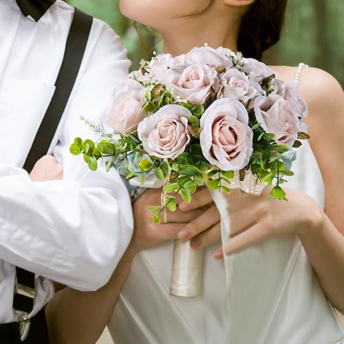 Wedding Bouquets Large for Bride, Bridal Silk Artificial Flowers 14pcs Pink Champagne Roses 10 in Fake Flowers for Wedding Party, Ceremony, Anniversary & Home Decor(Come with 4 kinds of Ribbons) - color: Pink Champagne, size: 14pcs*10 inches