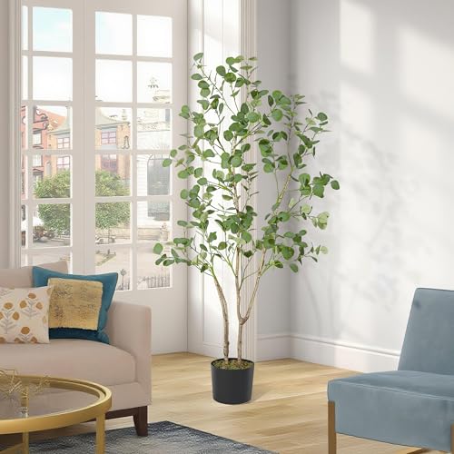 GarveeHome 7 FT Artificial Eucalyptus Tree, Tall Faux Eucalyptus Plant with Silver Dollar Leaves, Indoor Fake Tree in Black Plastic Pot for Home, Office, Living Room, Modern Decor - size: 7ft
