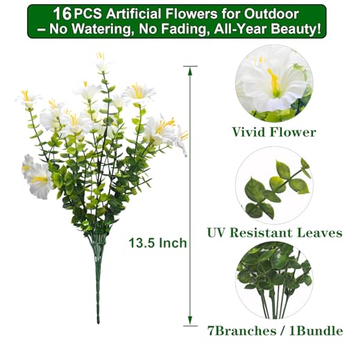 Grunyia Artificial Morning Glory Flowers - 16PCS White UV Resistant Faux Silk Plastic Blooms, Realistic Fake Plants for Garden Porch Planters Window Wedding Indoor Outdoor Decor - color: White