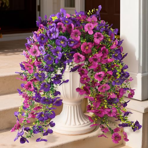 Fake Artificial Flowers for Outdoors, 4 Pcs Faux Hanging Pansy Flowers Spring Summer Decor, UV Resistant No Fade Fake Plants Silk Flower for Planter Front Door Porch Patio Yard Garden(Purple Rose Red) - color: Dark Purple,rose Red