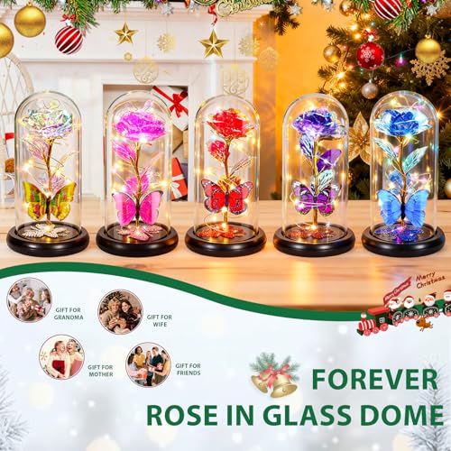 Gifts for Mom Birthday Gifts for Women Red Rose Eternal Flower Light Up Rose in Glass Dome with Butterfly, Galaxy Crystal Flowers Gifts for Grandma Wife Daughter Her Delivery Prime - color: Rose Red