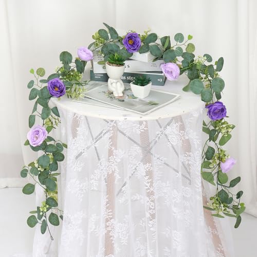 TOCHGREEN 2 Pack 13Ft Artificial Eucalyptus Flower Garland with Purple Roses, Fake Rose Flower Greenery Garland Floral Vines for Wedding Home Party Table Runner Decor (Purple, 2PCS) - color: Purple, size: 2PCS