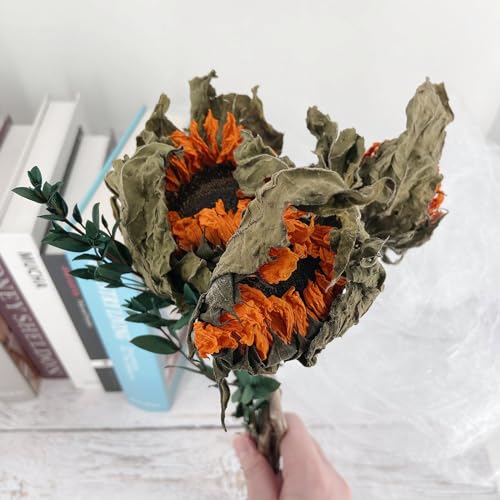 L'BREVOGA Dried Sunflowers with Stem, 3 pcs Natural Dried Sunflower for Floral Arrangements Home Wedding Party Decoration (15 Inches)