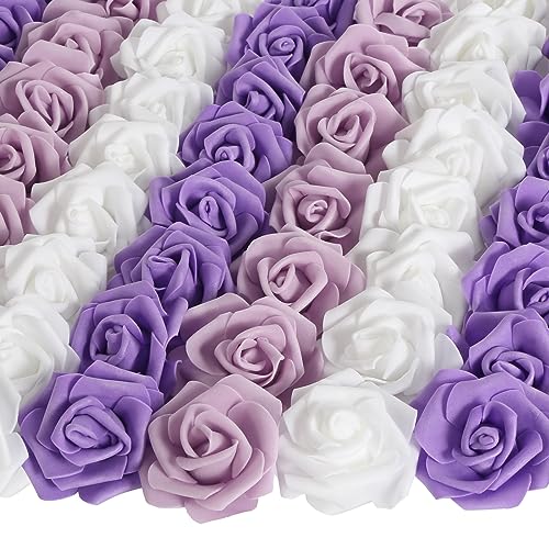 100pcs Purple Artificial Rose Flower Heads, 3inch Violet Foam Roses Bulk Stemless Fake Flower Heads for DIY Crafts,Cake Decoration Wedding,Baby Shower Flower Centerpieces(Shades of Purple) - color: Shades of Purple