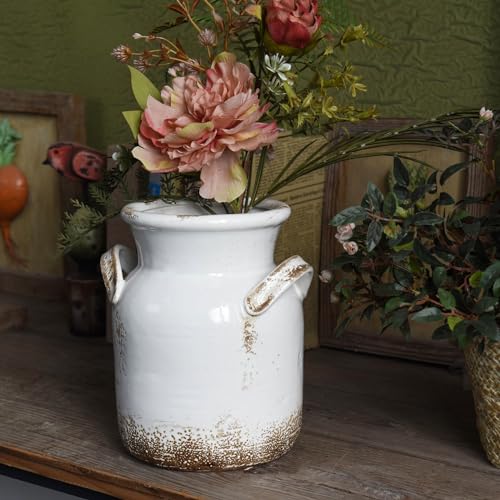 Quoowiit Ceramic Rustic Farmhouse Vase, Distressed Decorative Flower Vase for Home Decor, Ideal Shelf Decor, White Boho Vase for Living Room Bedroom Kitchen Office Decor Centerpiece Table Decorations - color: 8 Inch