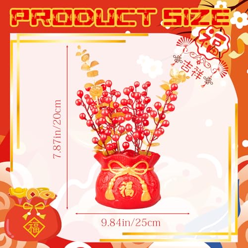 Chinese New Year Bonsai Tree Artificial Spring Festival Flower Pot Table Ornament Red Blessing Bucket Gold Berry Flower Arrangement Artificial Branches Fortune Lucky Tree for Indoor Home Decor - color: Red New Year-1
