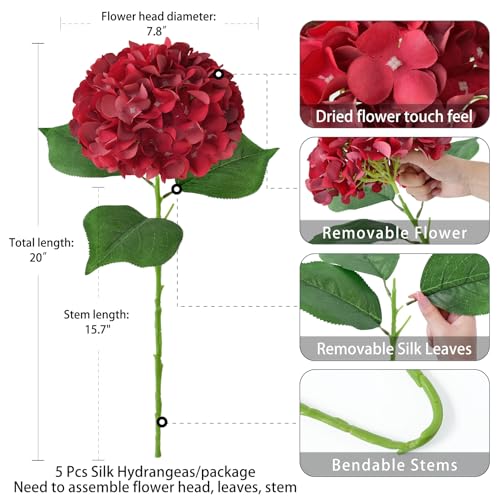 ZYTUYO 5 Pcs Red Silk Hydrangeas Artificial Flower Boho Dried Touch 20'' Faux Hydrangeas for Fall Home Decor Kitchen Living Room Porch Wreath Xmas Wedding Flower Arrangement - color: Red