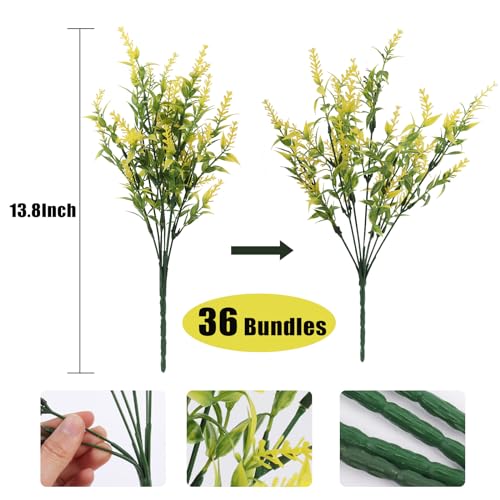 36 Bundles Artificial Plants Outdoor, Artificial Flowers for Outdoors Fake Flowers UV Resistant Flowers Lavender Outdoor Plants, Faux Flowers Shrubs for Porch Garden Window Box Home Decoration(Yellow) - color: Yellow, size: 36 Bundles