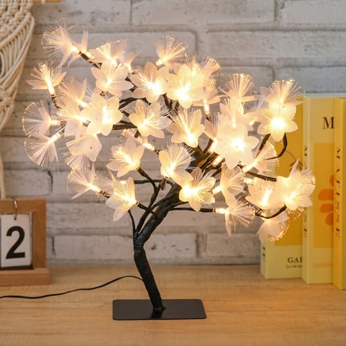 Drawelry Fiber Optic Flower Tree Lamp - 48 LED Table Night Light USB Powered Artificial Flower Bonsai Tree Lamp Bedroom Living Room Decor Valentine's Day Birthday Gift for Women Girls Mother (White) - color: White