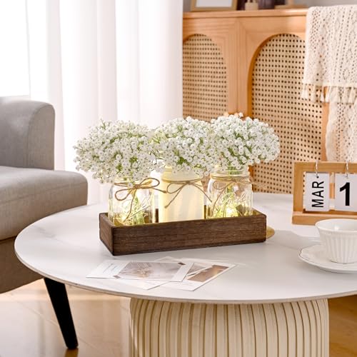 BLEUM CADE Mason Jar Centerpiece Table Decorations, Lights Centerpiece for Kitchen Dining Table Farmhouse Coffee Table Wedding Home Decor with 3 Jars Babys Breath Artificial Flowers & Wood Tray - color: White-babys Breath