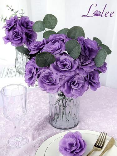 LELEE Rose Head Flowers with Stem - 108pcs Dark Purple Rose Artificial Flowers Bulk - Silk Rose Fake Flower for Wedding Bouquet Party Home Decor DIY Baby Shower Centerpieces Tables Decoration - color: Purple