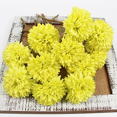 Tinsow 12 Pcs Artificial Flowers Faux Ball Chrysanthemum Bouquet Flowers Bridal Wedding Bouquet for Home Garden Party Wedding Decoration (12, Lemon Yellow) - color: Lemon Yellow