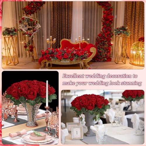30pcs Fake Roses Artificial Silk Flowers Long Stems Bouquet for Wedding Bridal Shower Party Home Decoration (Burgundy) - color: Burgundy
