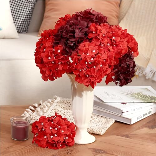 Auihiay 10PCS Hydrangea Artificial Flowers, Faux RedFlower for Wedding Centerpieces, DIY Bouquets, Bridal Shower, Floral Decor Home Decoration with Stems - color: Red