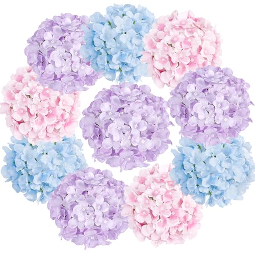 Auihiay 10Pcs Artificial Hydrangea Flowers, Realistic Faux Silk Hydrangea with Stems, Fake Flowers for Wedding Centerpieces Baby Shower Bridal Bouquet Home Farther's Day Decor Table Decorations - color: Mixed Color