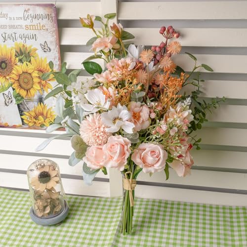 17-inch Artificial Fake Faux Flowers Silk Flower Arrangements Bouquets with Red Berries, Cosmos, Snow Cherry, Chinese Rose, Dandelions, Baby's Breaths, Eucalyptus, Peony, Roses - color: Peach Reverie