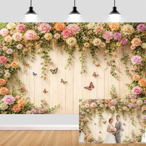 JAWO 7X5ft Floral Wooden Backdrop Multicolor Roses Vines Butterfly Photo Background Vinyl Fabric Indoor Outdoor Wedding Bridal Shower Baby Shower Birthday Engagement Party Decor Photo Booth Prop - color: Beige, size: 7X5