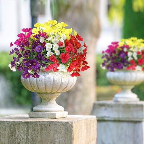 Artificial Flowers for Outdoors 12 Bundles Realistic Faux Plants UV Resistant Fake Silk Morning Glory with Eucalyptus for Front Door Planter Patio Porch Spring Summer Decoration (6 Mixed Color) - color: Mixed 6 Color