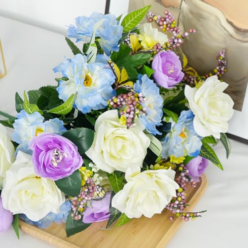 14 Stems Spring Cemetery Flowers for Grave Silk Rose with Butterfly Penoy Bouquet Purple White Fake Floral Arrangement Artificial Rose Flowers Memorial Flowers for Grave Vase Outdoor Table Decor 2Pcs - color: Light Purple White-2pcs