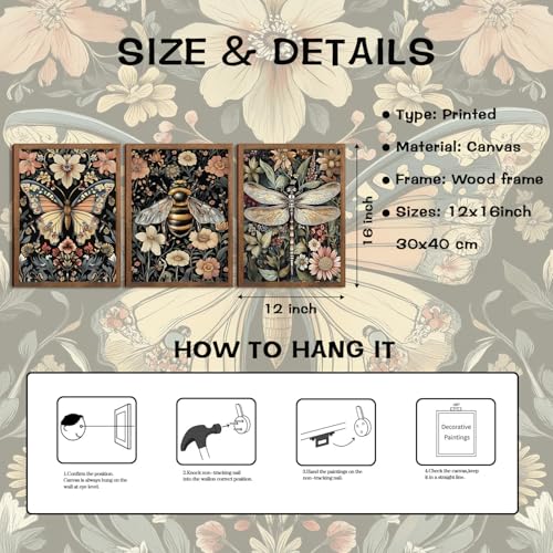 Retro Insect Wall Art Set of 3, Butterfly Bee Dragonfly Gothic Botanical Prints, Rustic Nature Animal Canvas Wall Decor for Living Room Bedroom Office Farmhouse Home Decor 12x16In Wood Framed - color: Colorful insects, size: 16L" x 12W"