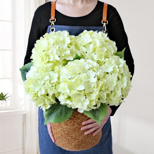 JINWOE Green Hydrangea Artificial Flowers, 5Pcs 20Inch Large Lifelike Faux Silk Flowers, Full Artificial Hydrangeas for Bouquet Table Centerpieces Indoor Spring Outdoor Home - color: Green