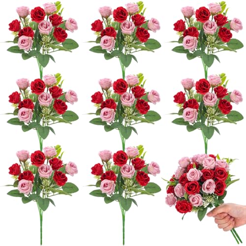 Zeyune 8 Pack Artificial Mini Red and Pink Roses, 12 Inch Fake Flowers with Stems, 80 Small 1.6 Inch Flower Heads, Silk Mini Rose Bouquets for Wedding Centerpieces, Bridal Bouquets, Home Party Decor - color: Red and Pink